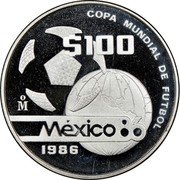 Mexico 100 Pesos FIFA World Cup 1986 Proof KM# 524 COPA MUNDIAL DE FUTBOL $100 MO MÉXICO 86 1986 coin reverse