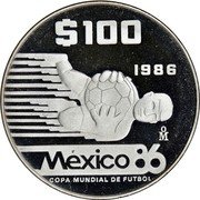 Mexico 100 Pesos FIFA World Cup. Goalkeeper 1986 Proof KM# 521 $100 1986 MO MÉXICO 86 COPA MUNDIAL DE FUTBOL coin reverse