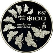 Mexico 100 Pesos Monarch Butterfly 1987 Proof KM# 537 1987 PLATA .720 $100 MARIPOSA MONARCA MO coin reverse Mexico 100 Pesos Monarch Butterfly 1987 Proof KM# 537 1987 PLATA .720 $100 MARIPOSA MONARCA MO coin reverse