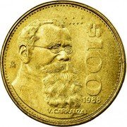 Mexico 100 Pesos Venustiano Carranza 1988 KM# 493 $100 1988 V.CARRANZA MO coin reverse Mexico 100 Pesos Venustiano Carranza 1988 KM# 493 $100 1988 V.CARRANZA MO coin reverse