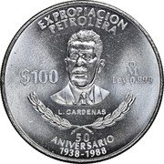 Mexico 100 Pesos 50th Anniversary of Nationalization of Oil Industry 1988 KM# 533 EXPROPIACIÓN PETROLERA $100 MO LEY 0.999 L. CARDENAS 50 ANIVERSARIO 1938-1988 coin reverse Mexico 100 Pesos 50th Anniversary of Nationalization of Oil Industry 1988 KM# 533 EXPROPIACIÓN PETROLERA $100 MO LEY 0.999 L. CARDENAS 50 ANIVERSARIO 1938-1988 coin reverse
