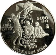 Mexico 100 Pesos Save the Children 1991 Proof KM# 539 $100 1991 1 ONZA DE PLATA LEY .925 MO SALVE A LOS NIÑOS coin reverse Mexico 100 Pesos Save the Children 1991 Proof KM# 539 $100 1991 1 ONZA DE PLATA LEY .925 MO SALVE A LOS NIÑOS coin reverse