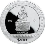 Mexico 100 Pesos Xochipilli 1992 Proof KM# 562 1992 MO XOCHIPILLI $100 coin reverse