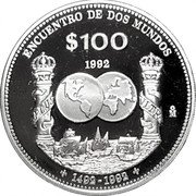 Mexico 100 Pesos Columnaria. Encounter of Two Worlds 1992 Proof KM# 540 ENCUENTRO DE DOS MUNDOS $100 1992 MO 1492 - 1992 coin reverse Mexico 100 Pesos Columnaria. Encounter of Two Worlds 1992 Proof KM# 540 ENCUENTRO DE DOS MUNDOS $100 1992 MO 1492 - 1992 coin reverse