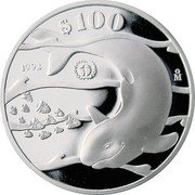 Mexico 100 Pesos Vaquita Porpoise 1992 Proof KM# 566 $100 1992 MO coin reverse Mexico 100 Pesos Vaquita Porpoise 1992 Proof KM# 566 $100 1992 MO coin reverse