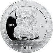 Mexico 100 Pesos Huehueteotl 1992 Proof KM# 564 1992 MO HUEHUETEOTL $100 coin reverse