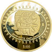 Mexico 100 Pesos Feathered Serpent 1997 Proof KM# 626 1997 MO SERPIENTE EMPLUMADA $100 coin reverse