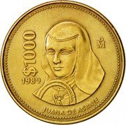 Mexico 1000 Pesos Juana de Asbaje 1989 KM# 536 $1000 1989 MO JUANA DE ASBAJE coin reverse Mexico 1000 Pesos Juana de Asbaje 1989 KM# 536 $1000 1989 MO JUANA DE ASBAJE coin reverse
