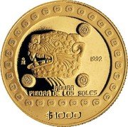 Mexico 1000 Pesos Jaguar Piedra de los Soles 1992 KM# 560 MO 1992 JAGUAR PIEDRA DE LOS SOLES $1000 coin reverse Mexico 1000 Pesos Jaguar Piedra de los Soles 1992 KM# 560 MO 1992 JAGUAR PIEDRA DE LOS SOLES $1000 coin reverse