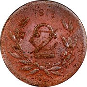 Mexico 2 Centavos Taxco Revolutionary 1915 O/T KM# 667 1915 2C O T coin reverse Mexico 2 Centavos Taxco Revolutionary 1915 O/T KM# 667 1915 2C O T coin reverse