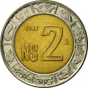 Mexico 2 Nuevos Pesos Eagle. Circulation Coin 1992 KM# 551 1992 N$ 2 MO coin reverse Mexico 2 Nuevos Pesos Eagle. Circulation Coin 1992 KM# 551 1992 N$ 2 MO coin reverse