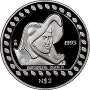 Mexico 2 Nuevos Pesos Eagle Warrior 1993 KM# 645 MO 1993 GUERRERO AGUILA N$2 coin reverse Mexico 2 Nuevos Pesos Eagle Warrior 1993 KM# 645 MO 1993 GUERRERO AGUILA N$2 coin reverse