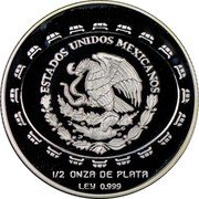 Mexico 2 Pesos Disc of Death 1997 KM# 618 ESTADOS UNIDOS MEXICANOS 1/2 DE ONZA DE PLATA LEY 0.999 coin obverse Mexico 2 Pesos Disc of Death 1997 KM# 618 ESTADOS UNIDOS MEXICANOS 1/2 DE ONZA DE PLATA LEY 0.999 coin obverse