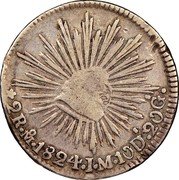 Mexico 2 Reales Radiant Cap 1824 KM# 373.4 2R MO 1824 J.M 10DS 20G coin reverse Mexico 2 Reales Radiant Cap 1824 KM# 373.4 2R MO 1824 J.M 10DS 20G coin reverse