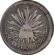 Mexico 2 Reales Radiant Cap 1824 KM# 373.1 LIBERTAD 8R DO. 1824 RL. 10 DS 20CS coin reverse Mexico 2 Reales Radiant Cap 1824 KM# 373.1 LIBERTAD 8R DO. 1824 RL. 10 DS 20CS coin reverse