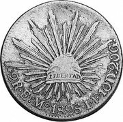 Mexico 2 Reales Radiant Cap 1828 KM# 374.5 LIBERTAD 2R EO MO 1823 LF 10DS.20GS coin reverse Mexico 2 Reales Radiant Cap 1828 KM# 374.5 LIBERTAD 2R EO MO 1823 LF 10DS.20GS coin reverse