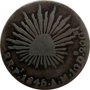 Mexico 2 Reales Radiant Cap 1845 KM# 374.11 LIBERTAD 2R PI 1846 AM 10DS.20GS coin reverse Mexico 2 Reales Radiant Cap 1845 KM# 374.11 LIBERTAD 2R PI 1846 AM 10DS.20GS coin reverse