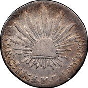 Mexico 2 Reales Radiant Cap 1863 KM# 374.1 LIBERTAD 2 R. CE 1863. M. F 10 DS. 20 GS. coin reverse