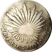 Mexico 2 Reales Radiant Cap 1863 Zs MO KM# 374.12 LIBERTAD 2 R. ZS. 1863. M. O. 10 DS. 20 GS. coin reverse Mexico 2 Reales Radiant Cap 1863 Zs MO KM# 374.12 LIBERTAD 2 R. ZS. 1863. M. O. 10 DS. 20 GS. coin reverse