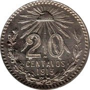 Mexico 20 Centavos Radiant Cap 1913 KM# 435 LIBERTAD 20 M CENTAVOS 1913 coin reverse Mexico 20 Centavos Radiant Cap 1913 KM# 435 LIBERTAD 20 M CENTAVOS 1913 coin reverse
