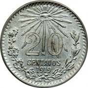 Mexico 20 Centavos Radiant Cap 1919 KM# 436 LIBERTAD 20 M CENTAVOS 1919 coin reverse Mexico 20 Centavos Radiant Cap 1919 KM# 436 LIBERTAD 20 M CENTAVOS 1919 coin reverse