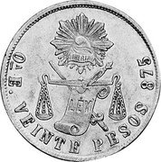 Mexico 20 Pesos Radiant Cap & Scales 1871 KM# 414.7 OA. E VEINTE PESOS 875 coin reverse Mexico 20 Pesos Radiant Cap & Scales 1871 KM# 414.7 OA. E VEINTE PESOS 875 coin reverse