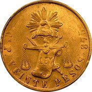 Mexico 20 Pesos Eagle. Cap and Scales 1873 KM# 414.2 LIBERTAD LEY CN P VEINTE PESOS 875 coin reverse Mexico 20 Pesos Eagle. Cap and Scales 1873 KM# 414.2 LIBERTAD LEY CN P VEINTE PESOS 875 coin reverse