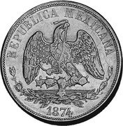 Mexico 20 Pesos Radiant Cap & Scales 1874 KM# 414.5 REPUBLICA MEXICANA 1874 coin obverse Mexico 20 Pesos Radiant Cap & Scales 1874 KM# 414.5 REPUBLICA MEXICANA 1874 coin obverse