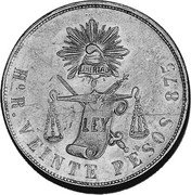 Mexico 20 Pesos Radiant Cap & Scales 1874 KM# 414.5 LIBERTAD LEY HO R. E VEINTE PESOS 875 coin reverse Mexico 20 Pesos Radiant Cap & Scales 1874 KM# 414.5 LIBERTAD LEY HO R. E VEINTE PESOS 875 coin reverse