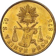 Mexico 20 Pesos Radiant Cap & Scales 1875 KM# 414.4 LIBERTAD LEY GO S VEINTE PESOS 875 coin reverse Mexico 20 Pesos Radiant Cap & Scales 1875 KM# 414.4 LIBERTAD LEY GO S VEINTE PESOS 875 coin reverse
