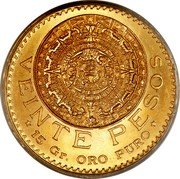 Mexico 20 Pesos Mayan Calendar 1959 KM# 478 VEINTE PESOS 15 GR. ORO PURO coin reverse Mexico 20 Pesos Mayan Calendar 1959 KM# 478 VEINTE PESOS 15 GR. ORO PURO coin reverse