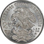Mexico 25 Pesos Olympic Games 1968 KM# 479.1 ESTADOS UNIDOS MEXICANOS 25 PESOS LEY 0.720 MO coin obverse
