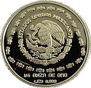 Mexico 25 Pesos Eagle 1998 KM# 667 ESTADOS UNIDOS MEXICANOS 1/4 ONZA DE ORO LEY 0.999 coin obverse Mexico 25 Pesos Eagle 1998 KM# 667 ESTADOS UNIDOS MEXICANOS 1/4 ONZA DE ORO LEY 0.999 coin obverse