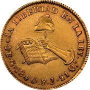 Mexico 4 Escudos Cap on Stick and Open Book 1840 KM# 381.4 LA LIBERTAD EN LA LEY 4E.G 1840.O PJ 21QS coin reverse Mexico 4 Escudos Cap on Stick and Open Book 1840 KM# 381.4 LA LIBERTAD EN LA LEY 4E.G 1840.O PJ 21QS coin reverse