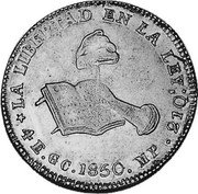 Mexico 4 Escudos Cap on Stick and Open Book 1850 GC MP KM# 381.3 LA LIBERTAD EN LA LEY 4E.GC 1850 MP 21QS coin reverse Mexico 4 Escudos Cap on Stick and Open Book 1850 GC MP KM# 381.3 LA LIBERTAD EN LA LEY 4E.GC 1850 MP 21QS coin reverse