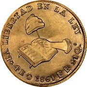Mexico 4 Escudos Cap on Stick and Open Book 1861 O FR KM# 381.7 LA LIBERTAD EN LA LEY 4E.O 1861.FR 21QS coin reverse Mexico 4 Escudos Cap on Stick and Open Book 1861 O FR KM# 381.7 LA LIBERTAD EN LA LEY 4E.O 1861.FR 21QS coin reverse