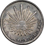 Mexico 4 Reales Radiant Cap 1861 KM# 375.6 LIBERTAD 4R.MO 1852. GC 10 DS. 20 GS. coin reverse Mexico 4 Reales Radiant Cap 1861 KM# 375.6 LIBERTAD 4R.MO 1852. GC 10 DS. 20 GS. coin reverse