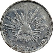 Mexico 4 Reales Radiant Cap 1861 KM# 375.5 LIBERTAD 4R. HO. 1861 FM. 10 DS. 20 GS. coin reverse Mexico 4 Reales Radiant Cap 1861 KM# 375.5 LIBERTAD 4R. HO. 1861 FM. 10 DS. 20 GS. coin reverse