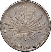 Mexico 4 Reales Radiant Cap 1863 Ce ML Small C KM# 375 LIBERTAD 4R CE 1863 ML 10DS.20GS coin reverse