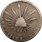 Mexico 4 Reales Radiant Cap 1862 KM# 375.8 LIBERTAD 4R PI 1857 P S 10DS.20GS. coin reverse Mexico 4 Reales Radiant Cap 1862 KM# 375.8 LIBERTAD 4R PI 1857 P S 10DS.20GS. coin reverse
