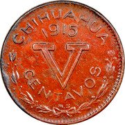Mexico 5 Centavos Chihuahua Revolutionary 1915 KM# 614a CHIHUAHUA 1915 V CENTAVOS MS coin reverse Mexico 5 Centavos Chihuahua Revolutionary 1915 KM# 614a CHIHUAHUA 1915 V CENTAVOS MS coin reverse