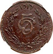 Mexico 5 Centavos Cacahuatepec Revolutionary 1917 KM# 648 1917 5C coin reverse Mexico 5 Centavos Cacahuatepec Revolutionary 1917 KM# 648 1917 5C coin reverse