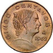 Mexico 5 Centavos Circulation Coin 1962 KM# 426a CINCO CENTAVOS MO 1962 coin reverse Mexico 5 Centavos Circulation Coin 1962 KM# 426a CINCO CENTAVOS MO 1962 coin reverse
