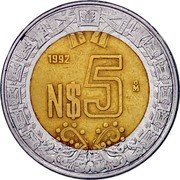 Mexico 5 Nuevos Pesos Eagle. Circulation Coin 1992 KM# 552 1992 N$ 5 MO coin reverse Mexico 5 Nuevos Pesos Eagle. Circulation Coin 1992 KM# 552 1992 N$ 5 MO coin reverse