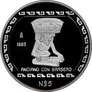Mexico 5 Nuevos Pesos Anciano Con Brasero 1993 KM# 583 MO 1993 ANCIANO CON BRASERO N$5 coin reverse Mexico 5 Nuevos Pesos Anciano Con Brasero 1993 KM# 583 MO 1993 ANCIANO CON BRASERO N$5 coin reverse