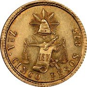 Mexico 5 Pesos Radiant Cap & Scales 1874 KM# 412.7 LIBERTAD LEY ZS. A CINCO PESOS 875 coin reverse Mexico 5 Pesos Radiant Cap & Scales 1874 KM# 412.7 LIBERTAD LEY ZS. A CINCO PESOS 875 coin reverse