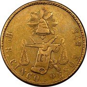 Mexico 5 Pesos Radiant Cap & Scales 1874 KM# 412.5 LIBERTAD LEY HO R CINCO PESOS 875 coin reverse Mexico 5 Pesos Radiant Cap & Scales 1874 KM# 412.5 LIBERTAD LEY HO R CINCO PESOS 875 coin reverse