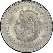 Mexico 5 Pesos Cuauhtemoc 1947 KM# 465 CINCO PESOS 30 GRAMOS . LEY 0.900 . MO coin reverse Mexico 5 Pesos Cuauhtemoc 1947 KM# 465 CINCO PESOS 30 GRAMOS . LEY 0.900 . MO coin reverse