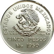 Mexico 5 Pesos Opening of the Southeastern Railroad 1950 KM# 466 ESTADOS UNIDOS MEXICANOS LEY PESO .720 277/9 G CINCO PESOS MO 1950 coin obverse Mexico 5 Pesos Opening of the Southeastern Railroad 1950 KM# 466 ESTADOS UNIDOS MEXICANOS LEY PESO .720 277/9 G CINCO PESOS MO 1950 coin obverse