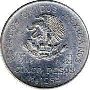 Mexico 5 Pesos Miguel Hidalgo y Costilla 1953 KM# 467 ESTADOS UNIDOS MEXICANOS PESO 27 7/9 G LEY 0.720 CINCO PESOS MO 1951 coin obverse Mexico 5 Pesos Miguel Hidalgo y Costilla 1953 KM# 467 ESTADOS UNIDOS MEXICANOS PESO 27 7/9 G LEY 0.720 CINCO PESOS MO 1951 coin obverse